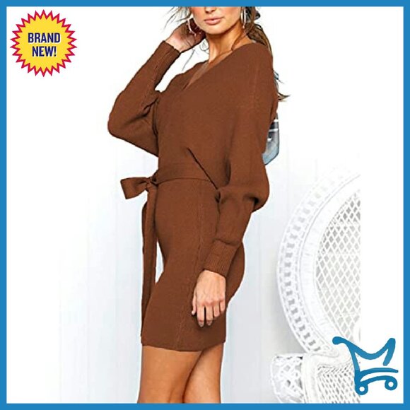 Sexy Batwing Long Sleeve Backless Wrap Knit Sweater Mini Dress - Picture 4 of 8